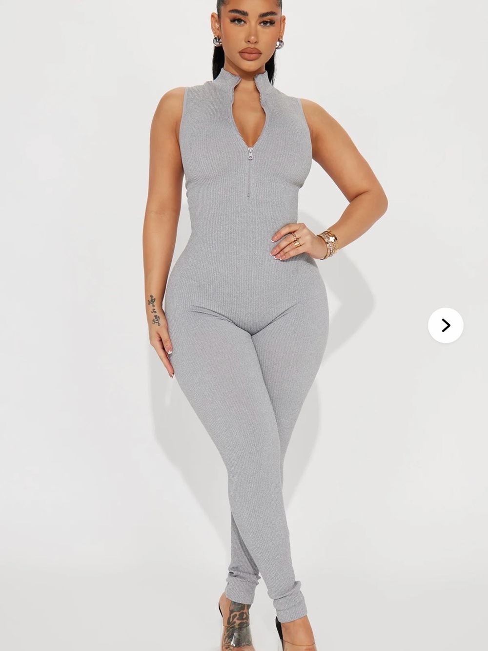 Fashion Nova Sleeveless Ribbed Zip-Front Jumpsuit - Light Gray